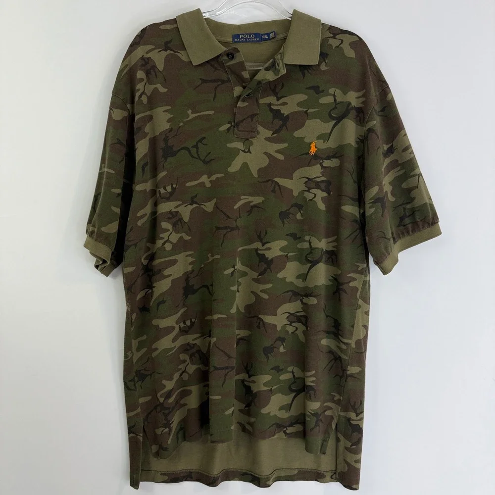 Polo Ralph Lauren Polo Shirt Mens LT L Tall Green Camo Orange Pony Logo
